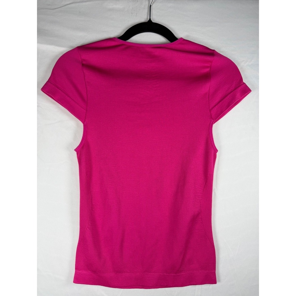 Bebe Womens Hot Pink Ribbed Laser Cut Lattice Neckline Top Rhinestone Logo Small